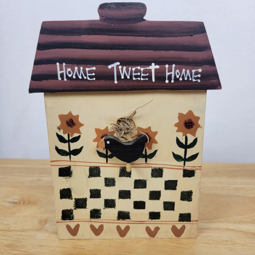 Vintage 90s Crazy Mountain Wooden Trinket Box Home Tweet Home Birdhouse Folk Art